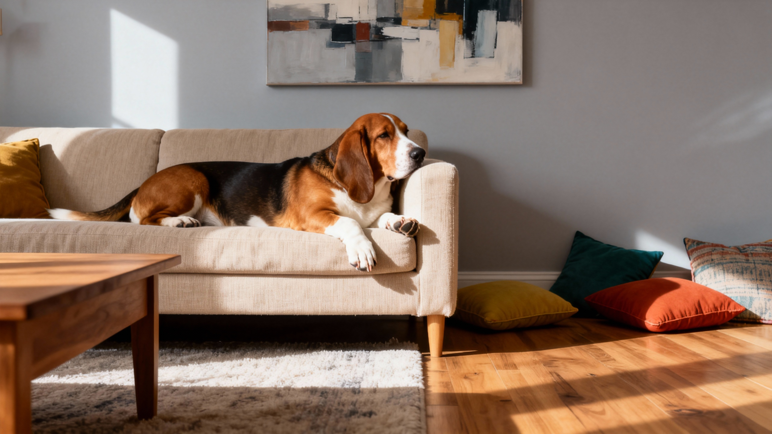 Basset Hound lying on a beige sofa in a sunlit living room
