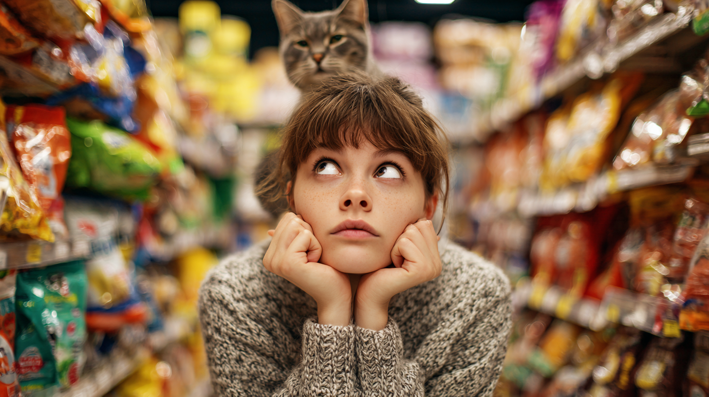 Pet owner comparing cat food for sensitive stomachs in store aisle, cat resting on head.