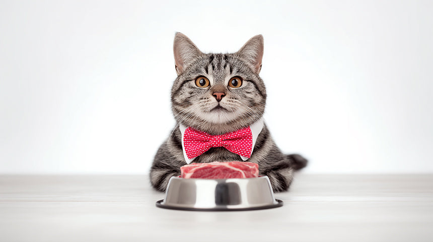 Gray tabby cat with red bow sitting behind food bowl, cute pet cat picture
