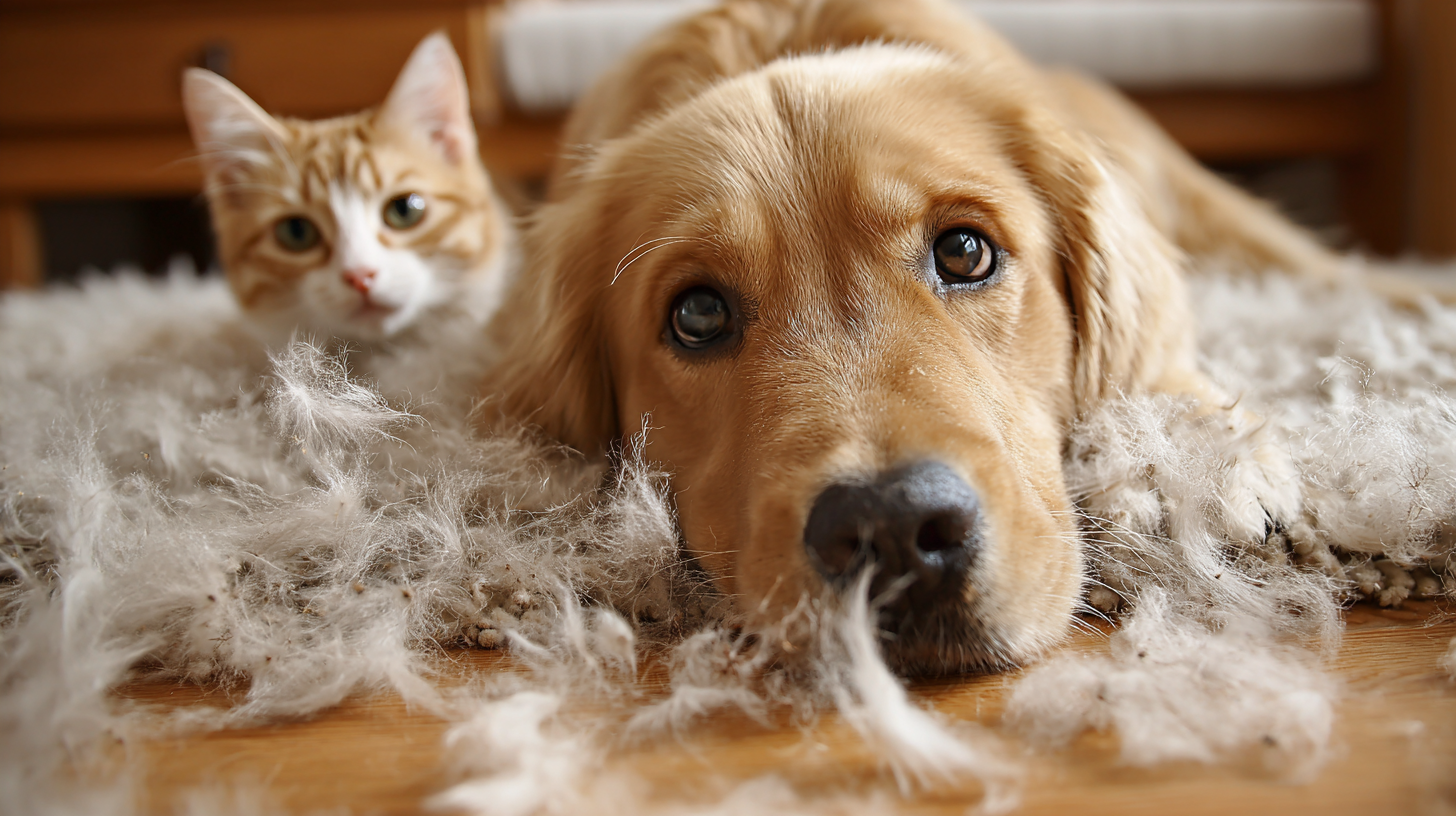 Dog and cat lying on carpet surrounded by shed pet hair.