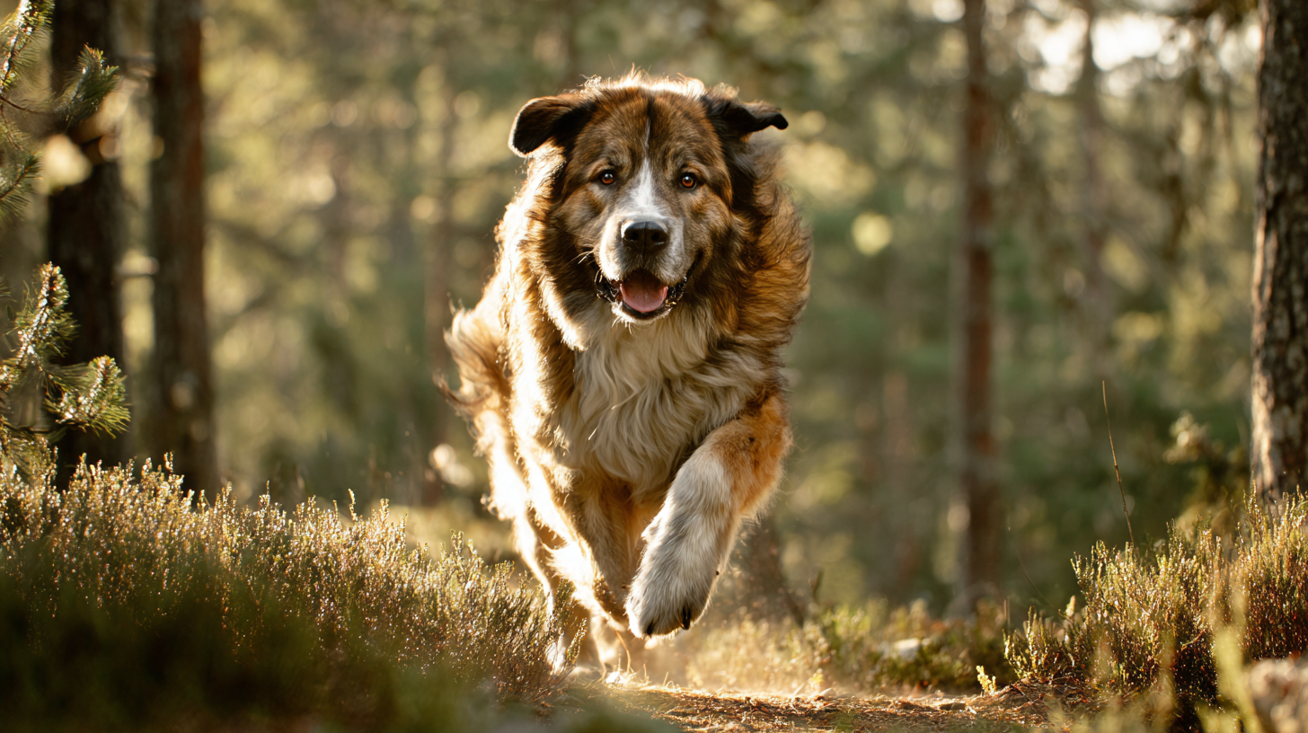 Large dog running on forest trail with energy and strength.