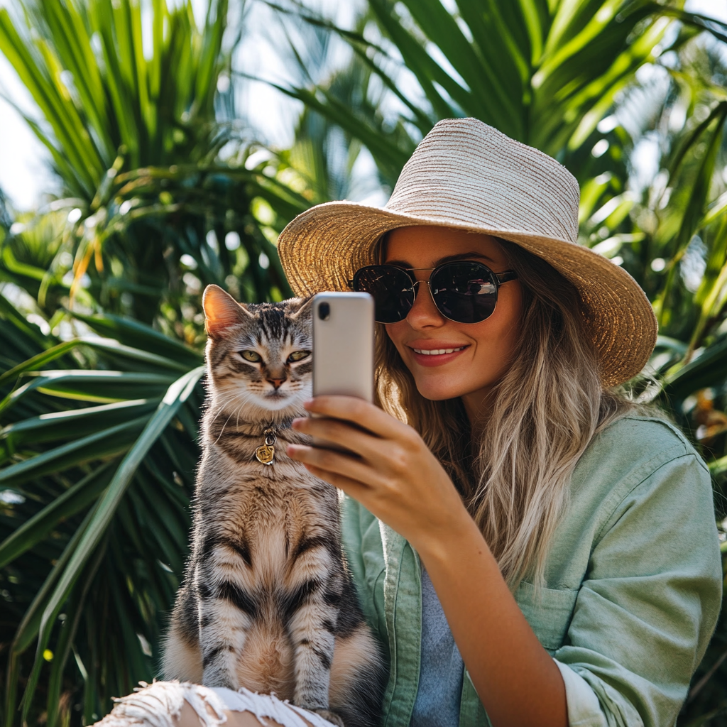 Smiling woman in a sun hat and sunglasses taking a selfie with her tabby cat outdoors.