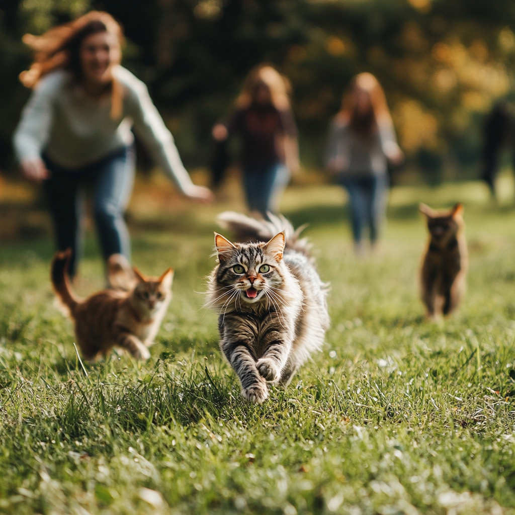 Playful cats running on grass in a park with smiling people chasing them in the background.