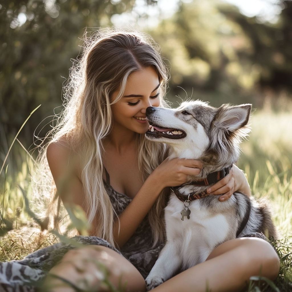 A young woman sitting in a sunny meadow, smiling and cuddling with her happy dog outdoors.