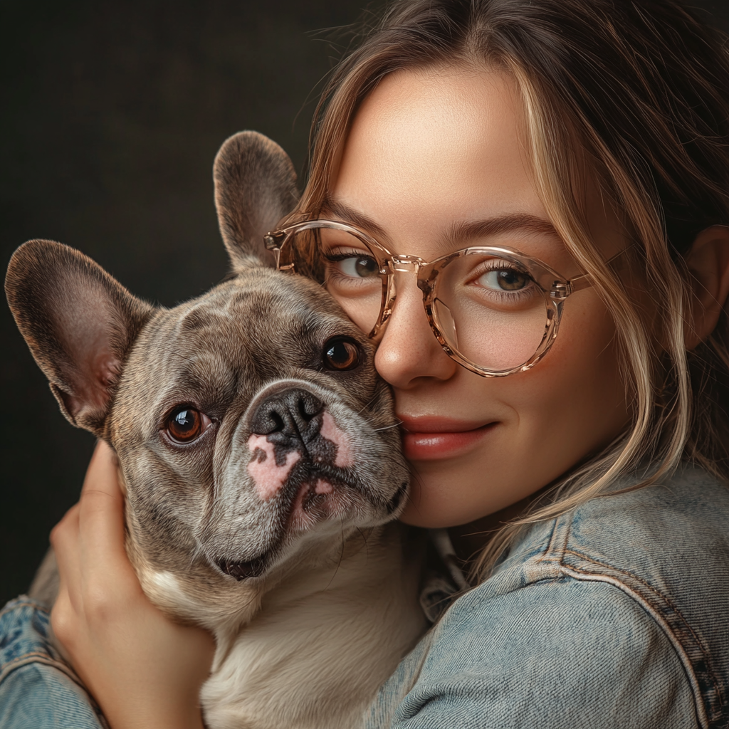Smiling young woman wearing glasses hugging her French Bulldog closely indoors.