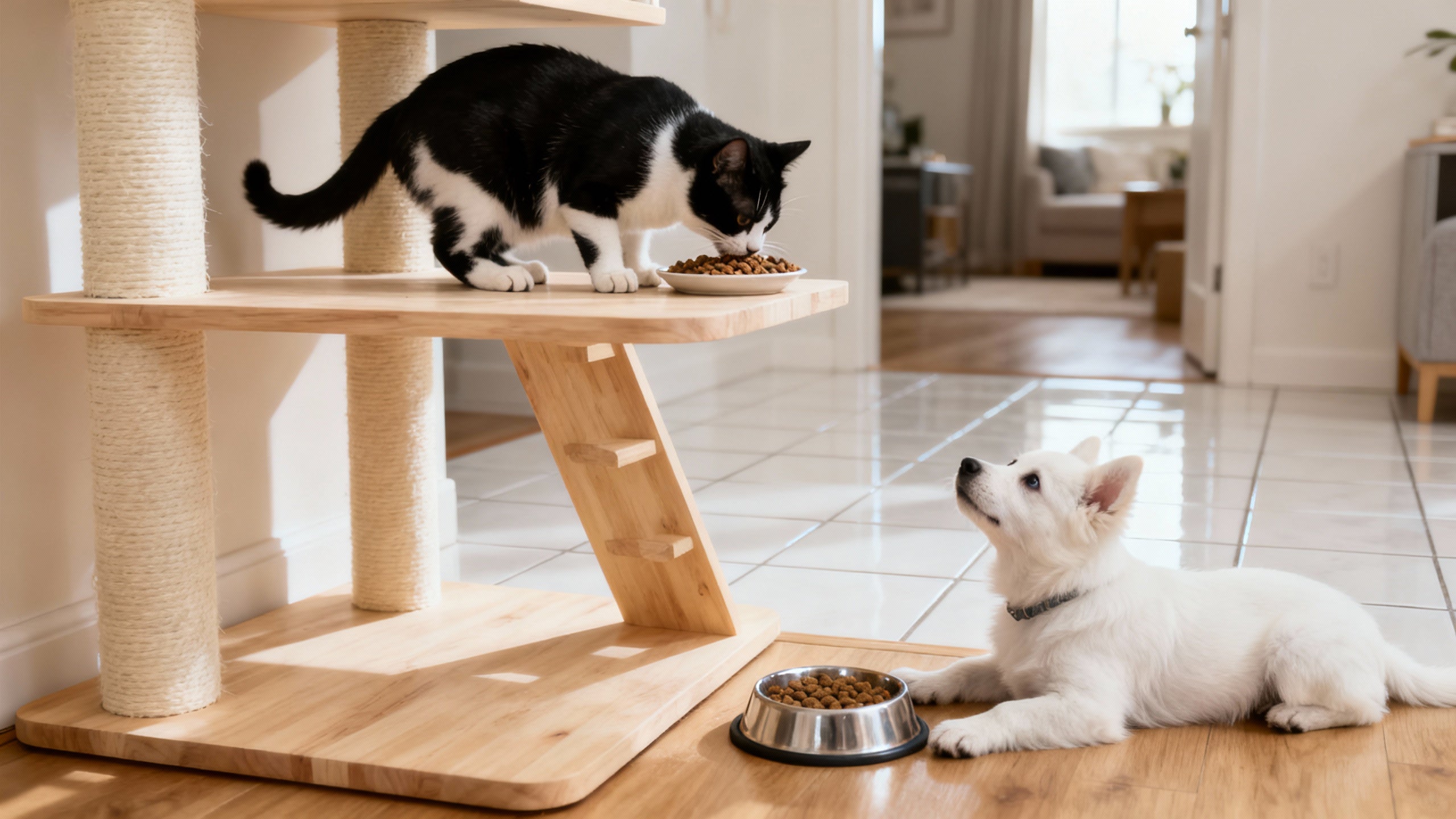 A black and white cat on a cat tree platform eating from a bowl, while a small white dog lies below with its own food bowl, looking up at the cat