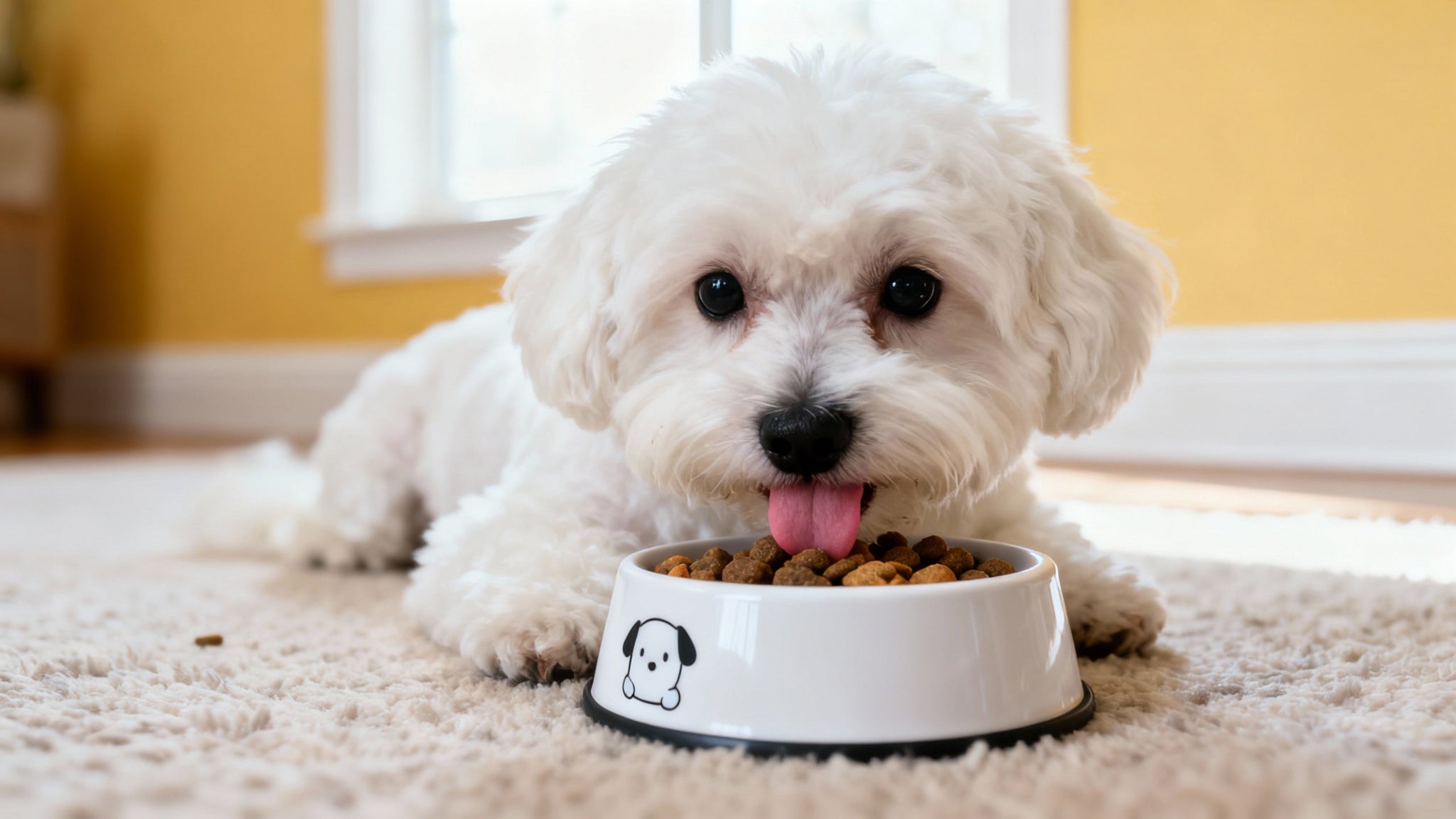 Small white Bichon Frise or Maltese puppy lying on a beige carpet with tongue out, eating from a white food bowl decorated with a dog illustration