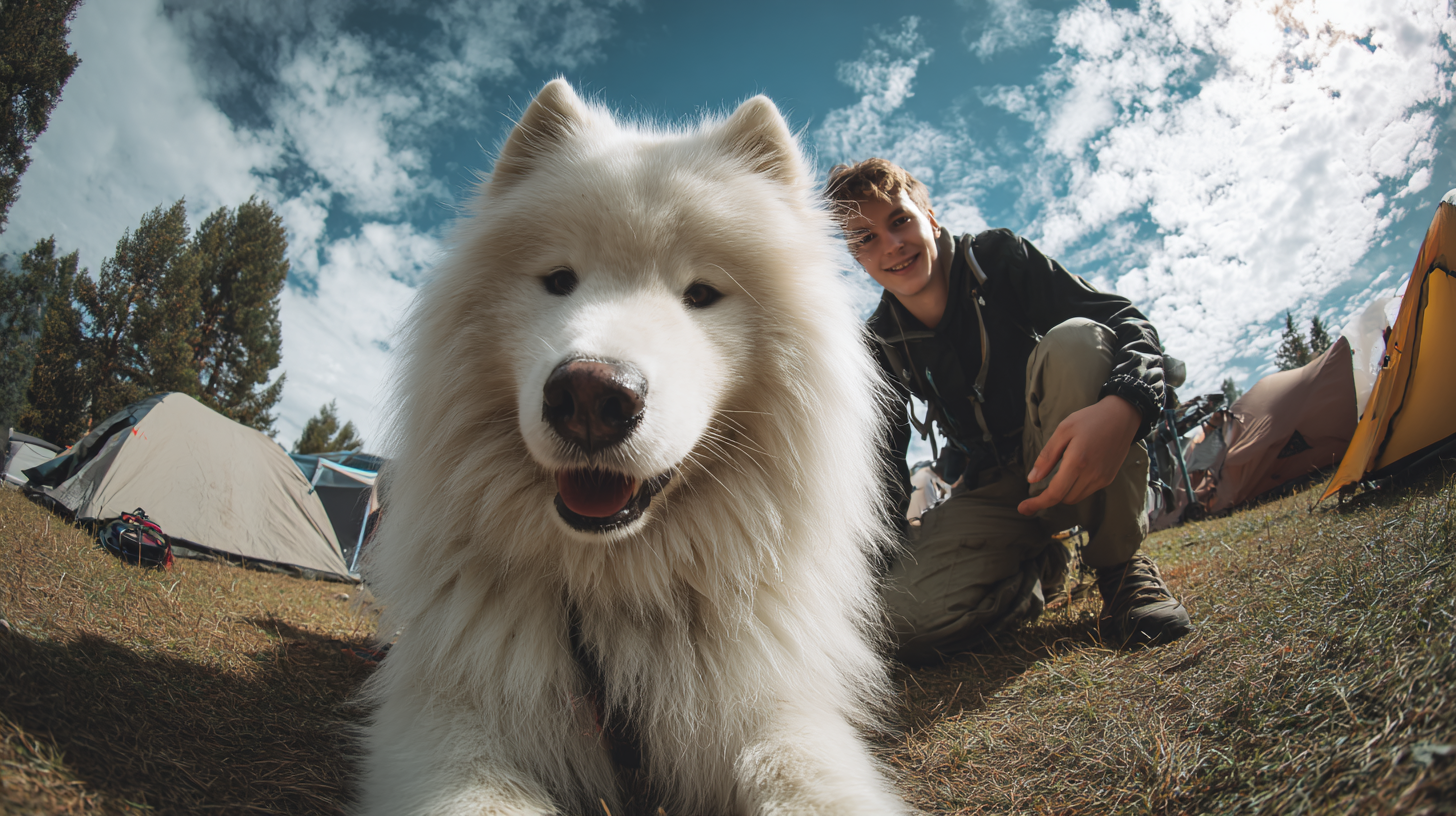 Samoyed dog camping with owner, shiny coat—omega-3 for dogs supports skin and joint health.