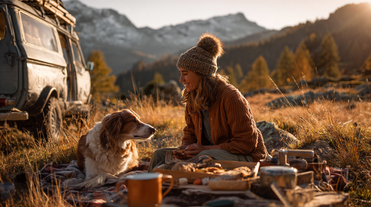 Traveler sitting outdoors with pet dog during mountain adventure