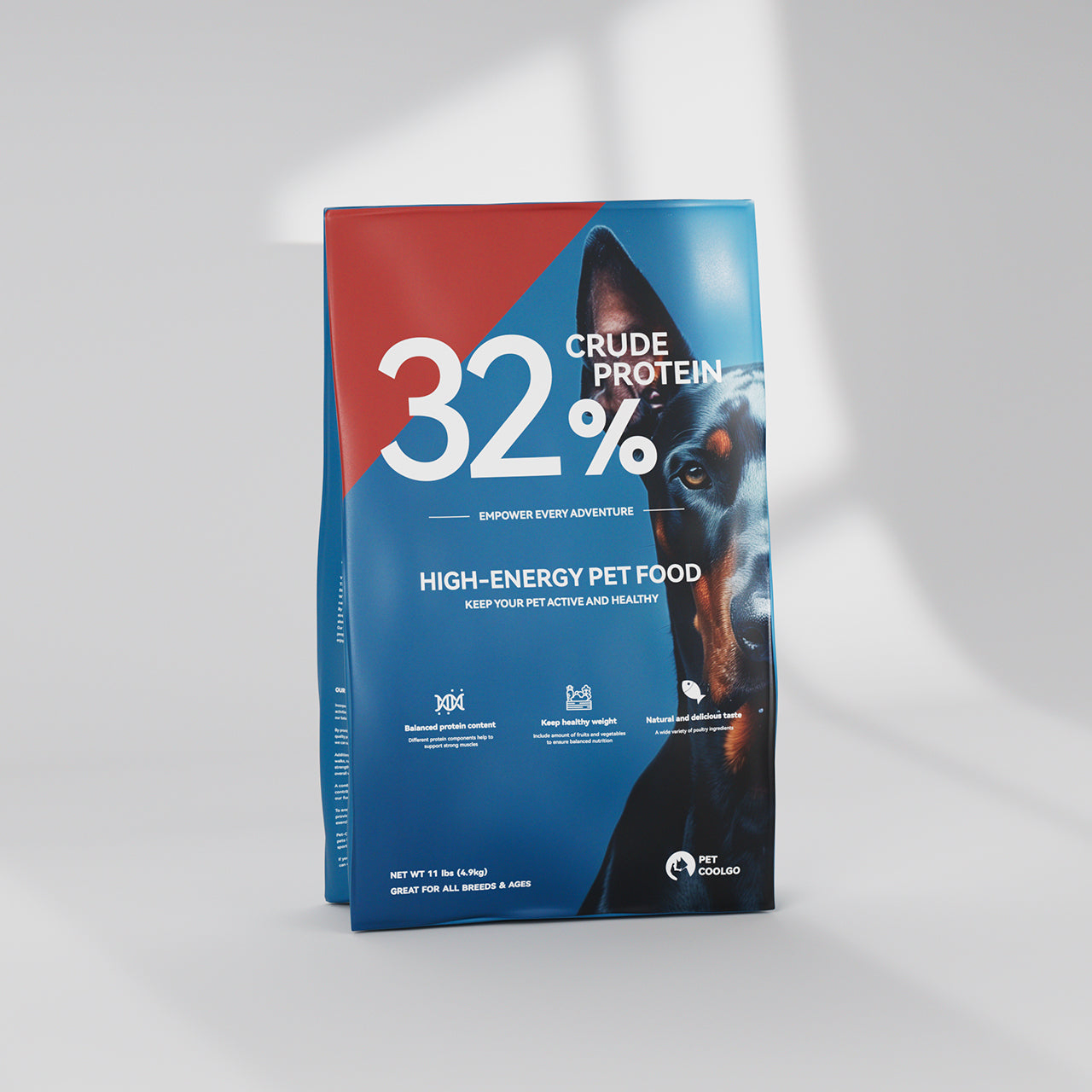 PetCoolGo GoCore high-energy dog food bag featuring 32% crude protein and Doberman imagery.