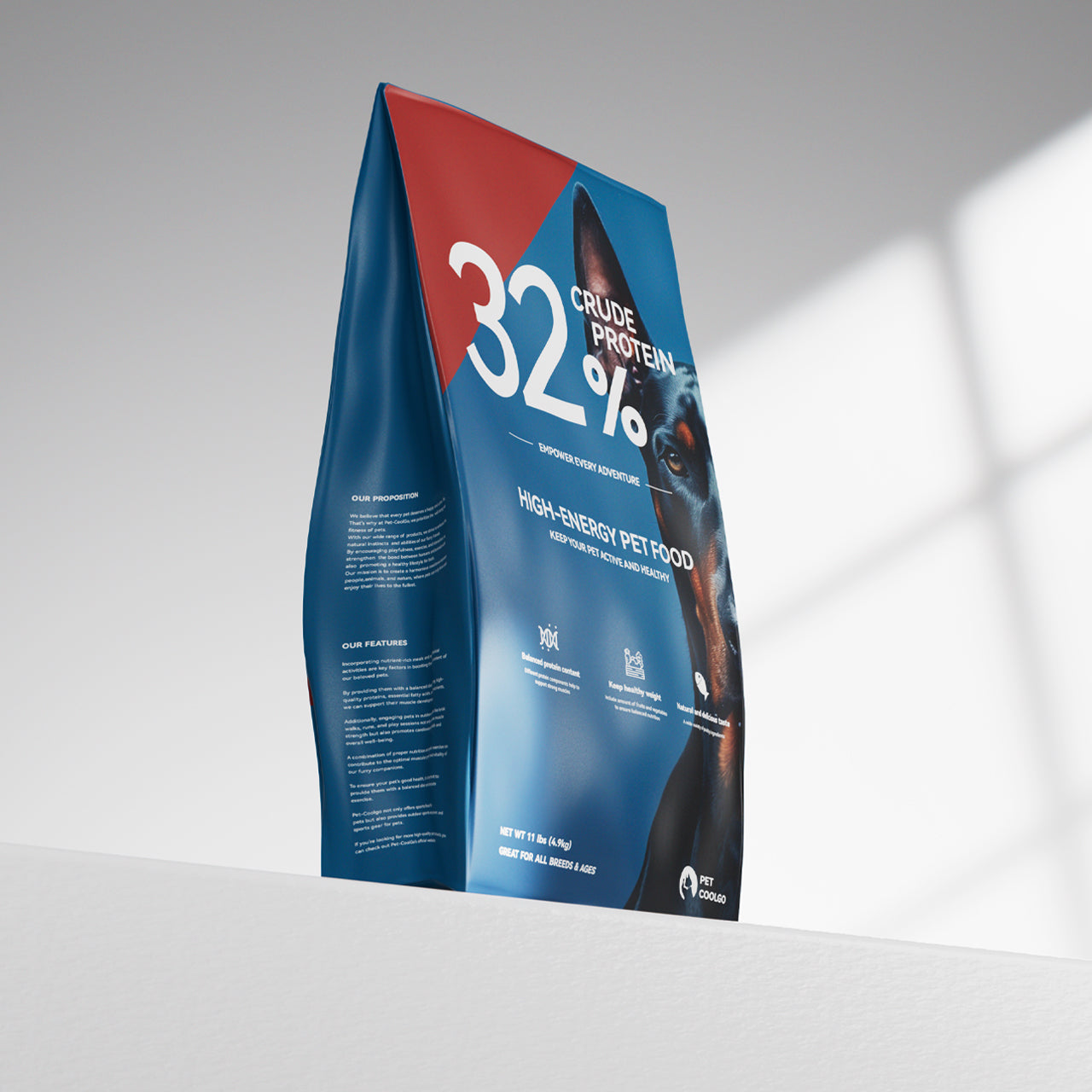 PetCoolGo GoCore dog food bag: 32% crude protein, high-energy, chicken & duck. Features Doberman image.