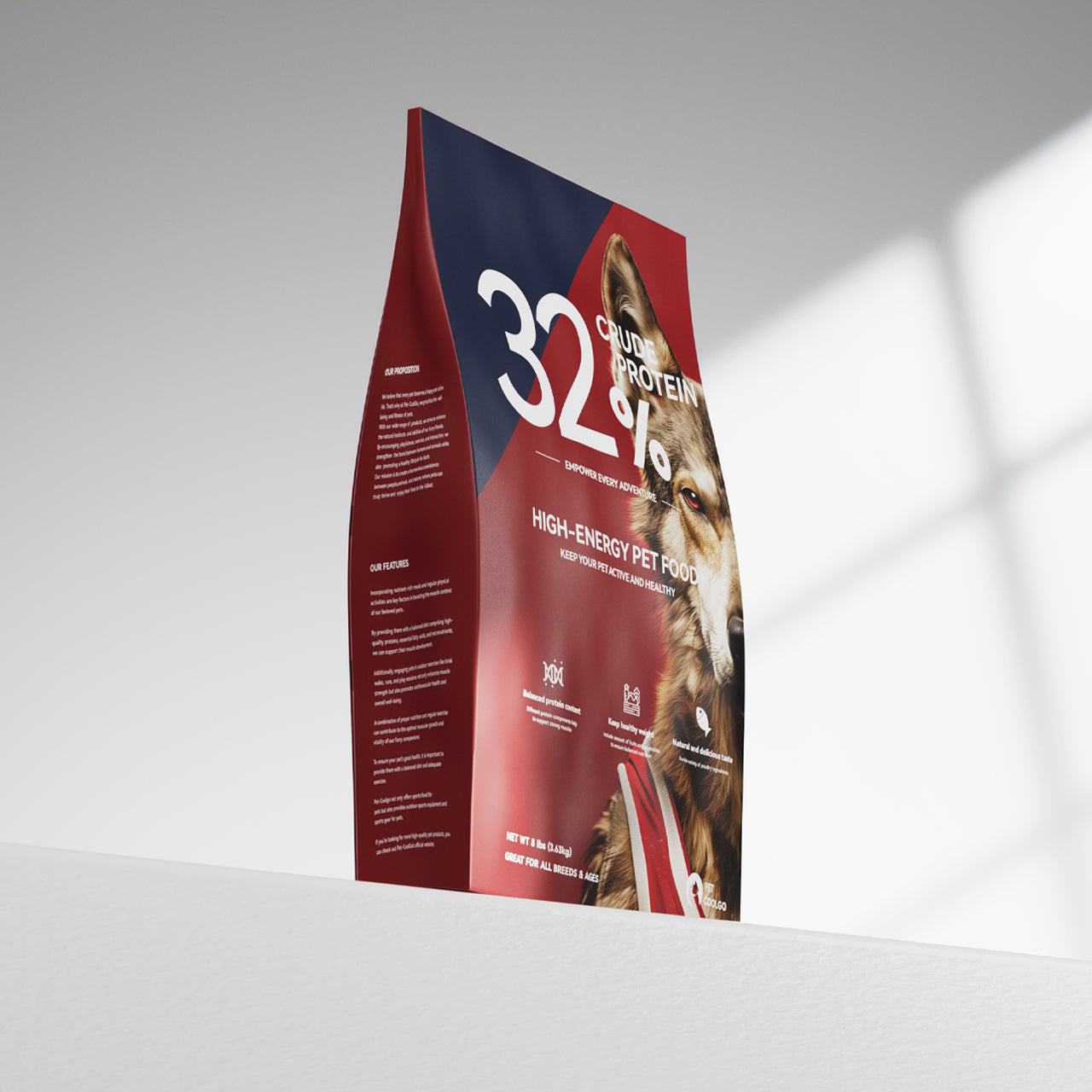 PetCoolGo GoCore dog food bag featuring German Shepherd, 32% protein high-energy formula.