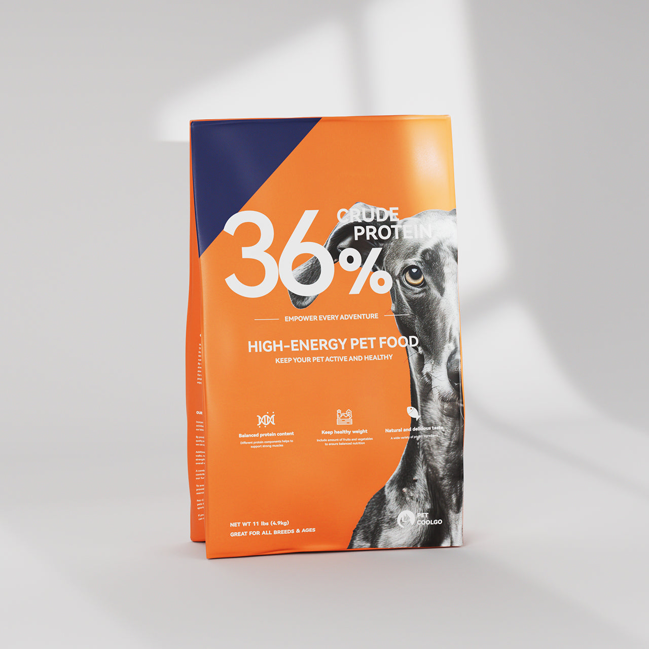 PetCoolGo GoPower dog food bag with 36% protein and a dog portrait, highlighting high-energy formula.