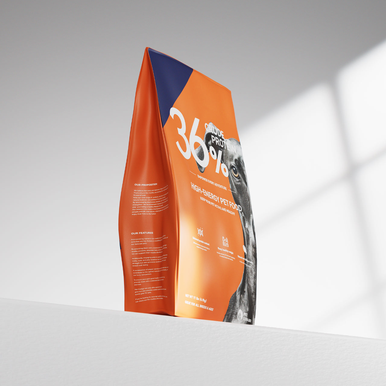 PetCoolGo GoPower dog food bag, 36% crude protein, high-energy formula, featuring German Shepherd.