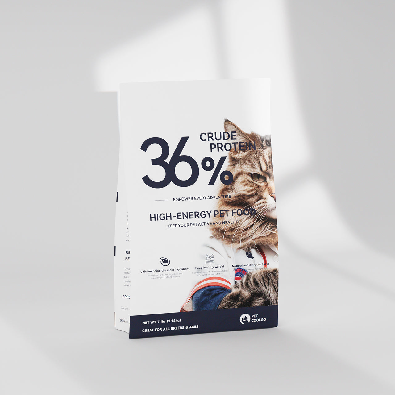 PetCoolGo GoPower Cat Dry Food bag with 36% protein, chicken, tuna, salmon, and icons for health benefits. NET WT 7 lbs.