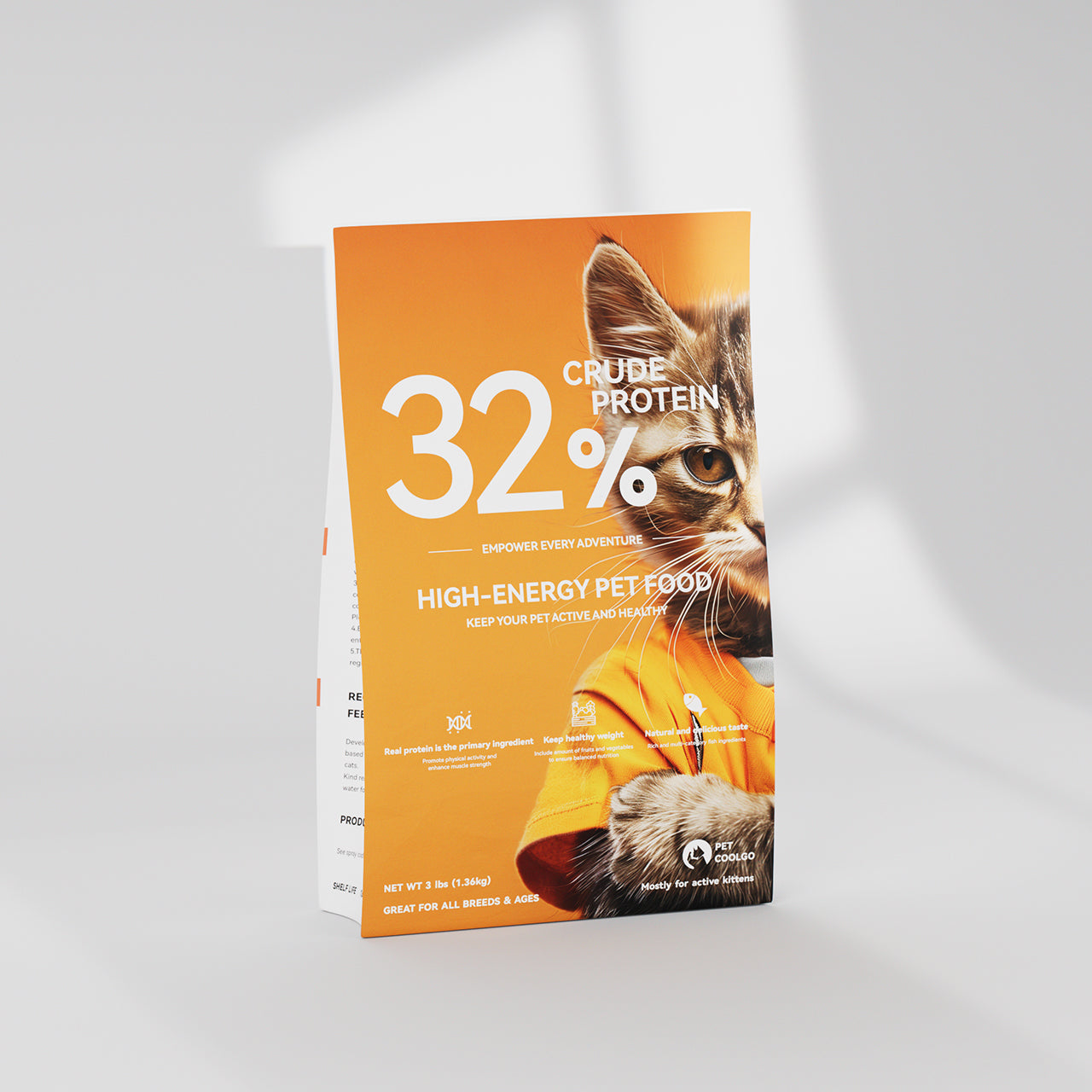 PetCoolGo GoCore Cat Dry Food 3lb bag with 32% protein, orange packaging featuring tabby cat in yellow shirt.