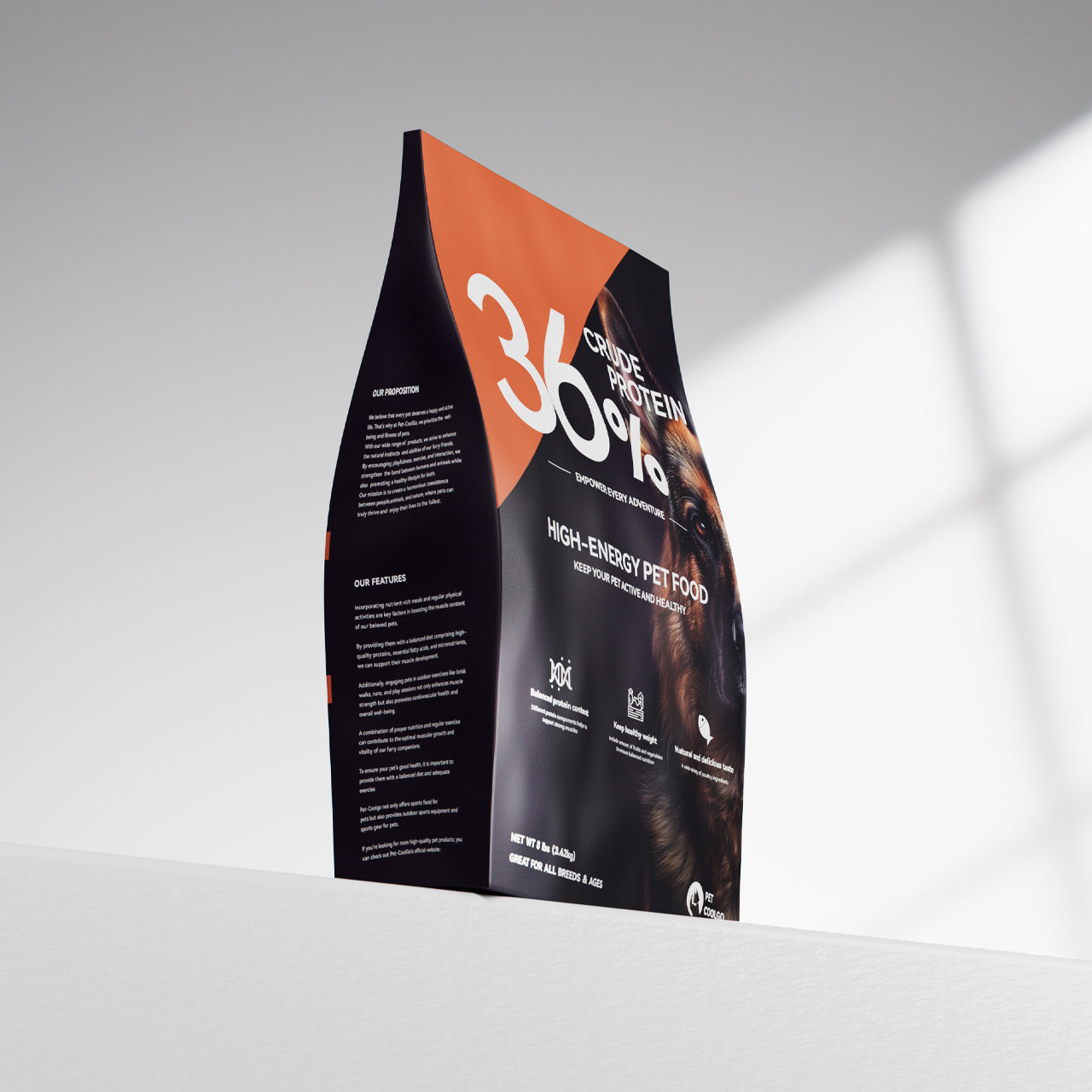 PetCoolGo GoPower dog food bag highlighting 36% protein and high-energy formula for active dogs.