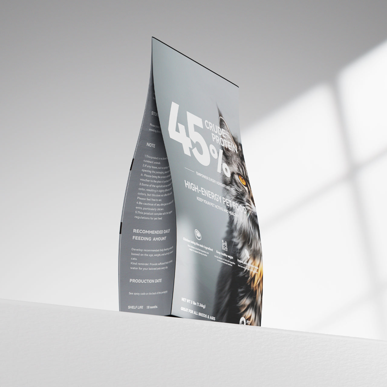 PetCoolGo GoWild cat food bag with 45% crude protein, high-energy formula with chicken, fish & krill - 3lb.