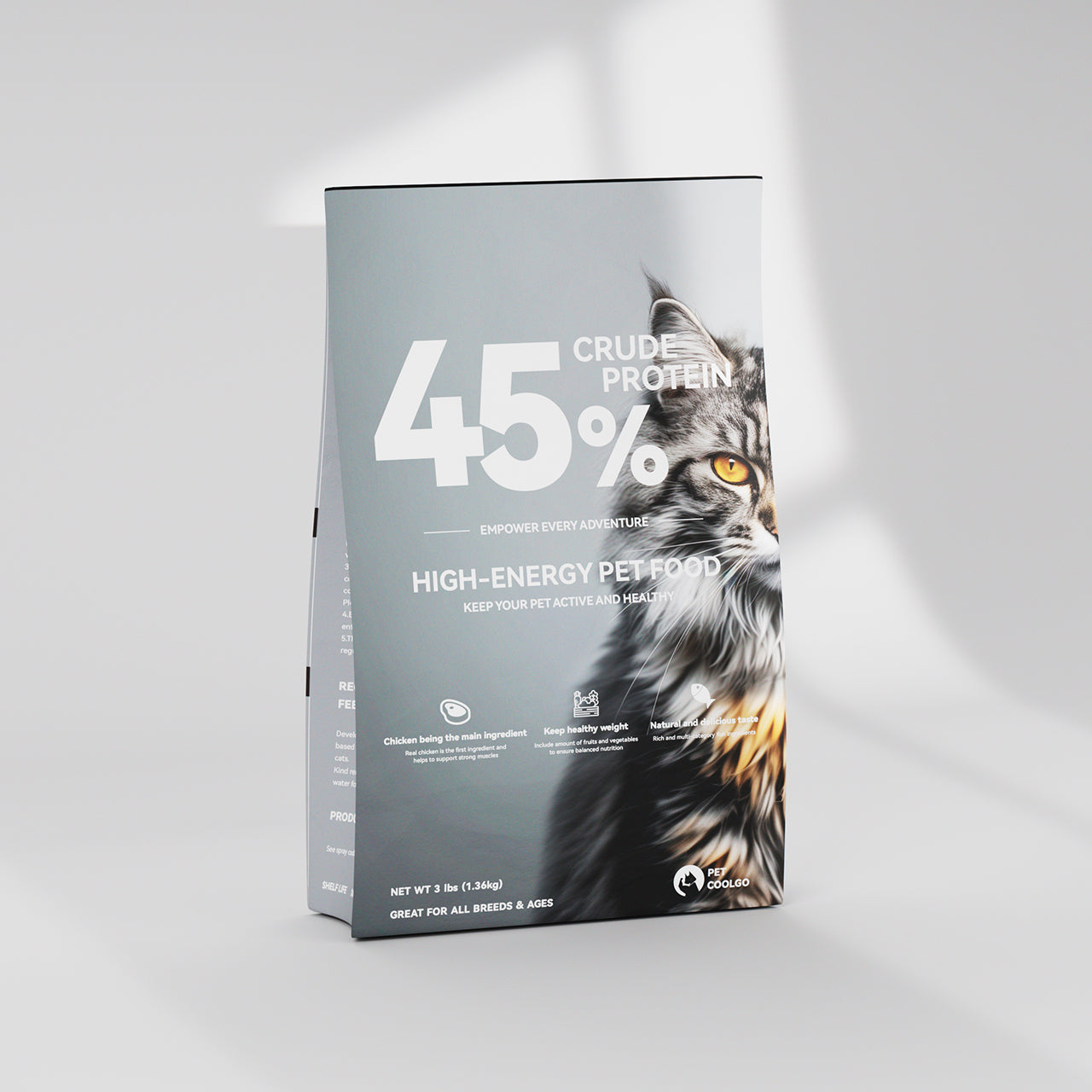 PetCoolGo GoWild high-energy cat dry food 3lb bag with 45% crude protein featuring tabby cat with golden eyes.