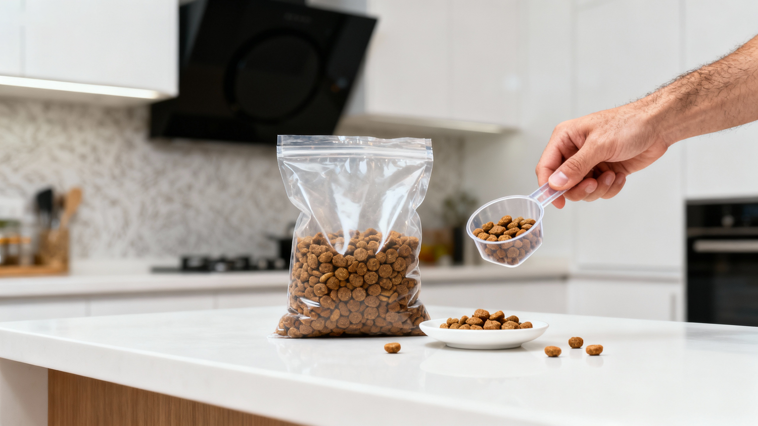 A person is scooping dry dog food from a clear bag into a small white bowl on a kitchen counter