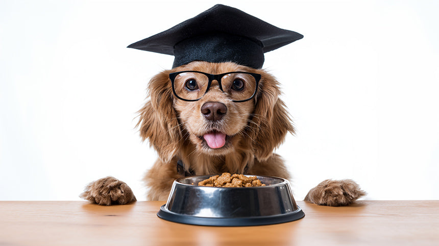 Brown dog in graduation cap and glasses sitting at table with bowl of dog food