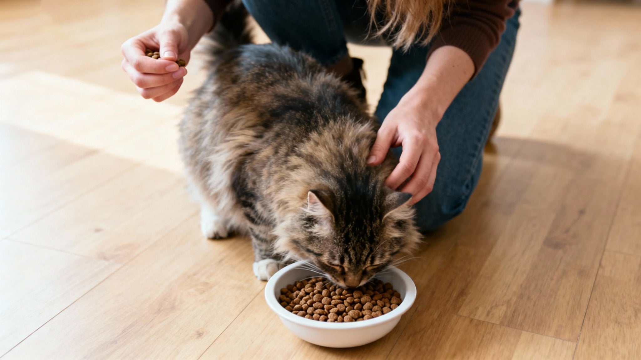Person feeding a fluffy cat dry kibble from a white bowl on a wooden floor