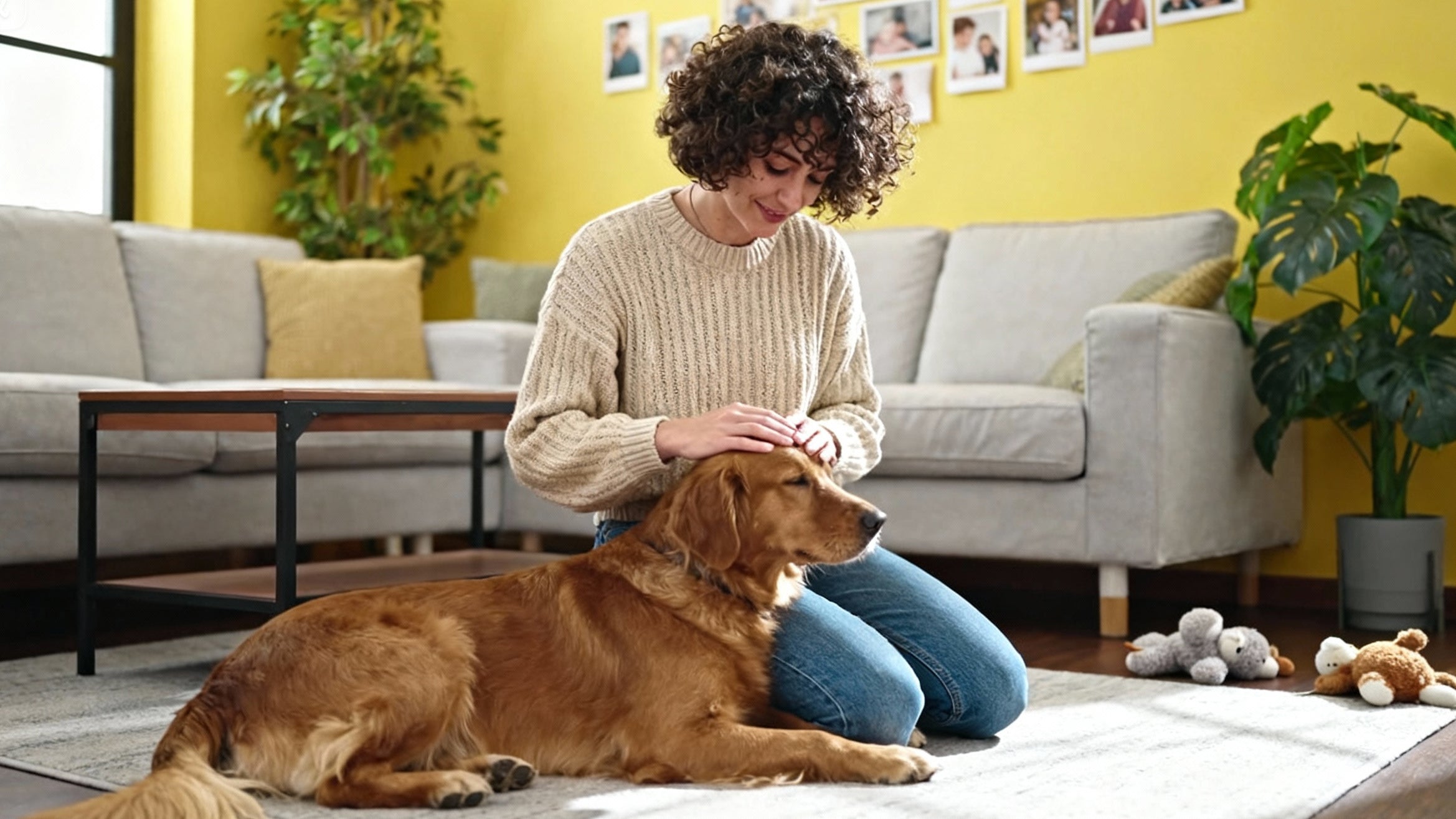 Pet owner comforting golden retriever on living room floor, care and support for dogs with sensitive stomachs