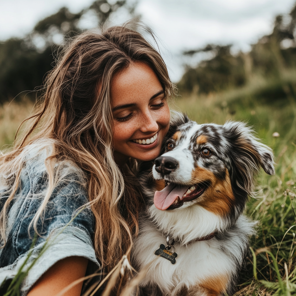 Happy young woman smiling while sitting in a grassy field with her Australian Shepherd dog.