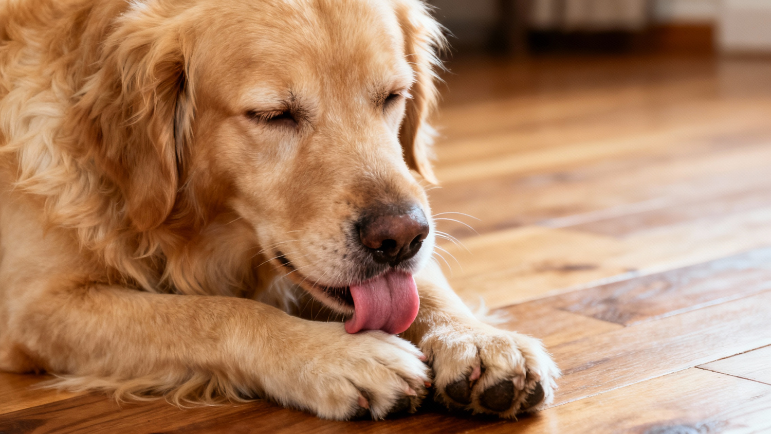 Golden retriever dog licking paw while lying on wooden floor indoors